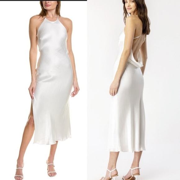 Bardot Dresses & Skirts - Bardot Slip Dress Large US 8 Mila Cowl Back Orchid White Midi Slit Satin Bridal